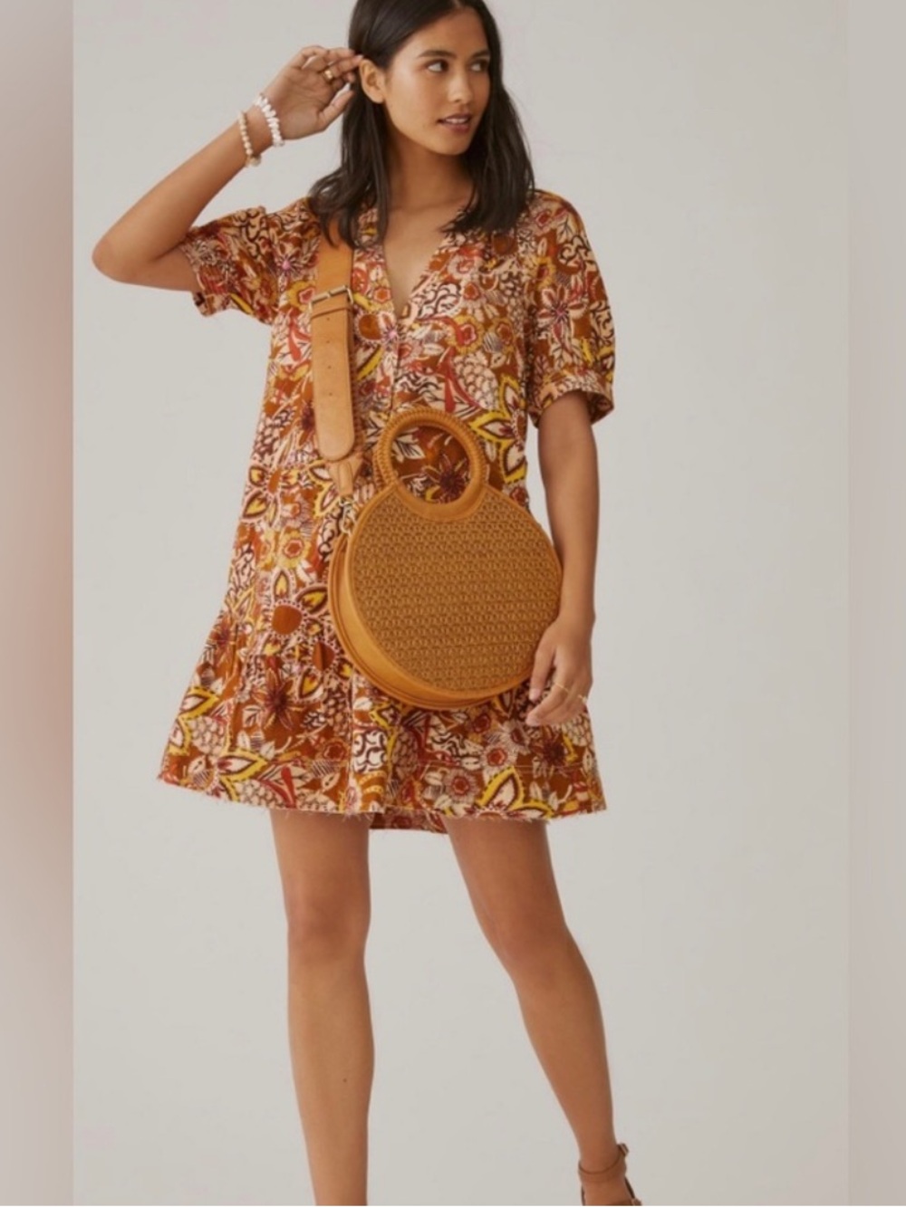 Pilcro anthropology Women's Floral Button-Front V-Neck Top in Mustard Rusts SP